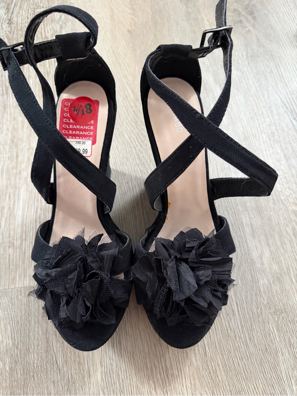 Women's Black Floral Cross-Strap Heels with Ankle Buckle